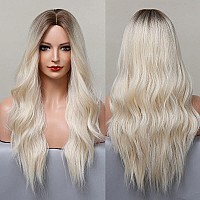 Piaou Ombre Blonde Wigs Long Wavy Synthetic Wig For Women Brown To Light Blonde With Dark Roots Ombre Blonde Wavy Wig Heat Resis