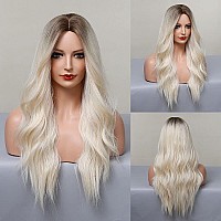 Piaou Ombre Blonde Wigs Long Wavy Synthetic Wig For Women Brown To Light Blonde With Dark Roots Ombre Blonde Wavy Wig Heat Resis