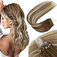 Sunny Hair Brown Micro Link Hair Extensions Human Hair 50G Balayage Micro Loop Hair Extensions Medium Brown Balayage With Blonde