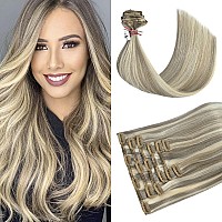 Huayi Clip In Real Human Hair Extensions Ash Blonde Mixed Bleach Blonde 22 Inch 70G 7Pcs Natural Double Weft No Shedding No Tang