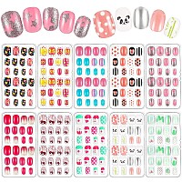 240 Pieces False Nails Kids Girls Press On Short Artificial Fake Nails Cute Pre Glue Full Cover Acrylic Nail Tip Kit For Childre