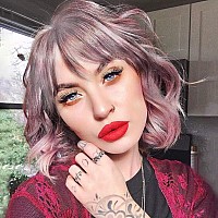 Rose bud Wavy Bob Wig with Bangs Natural Ombre Pink Wig Synthetic Hair Shoulder Length Short Curly Wigs for Women