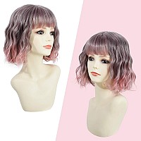 Rose bud Wavy Bob Wig with Bangs Natural Ombre Pink Wig Synthetic Hair Shoulder Length Short Curly Wigs for Women