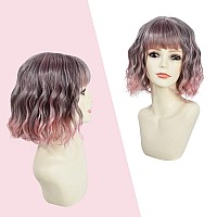 Rose bud Wavy Bob Wig with Bangs Natural Ombre Pink Wig Synthetic Hair Shoulder Length Short Curly Wigs for Women