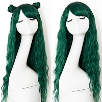 Evlynn Wigs With Bangs Ombre Dark Green Wig Long Loose Wavy Curly Hair Synthetic Fiber Glueless Dark Root No Lace Wig For Women