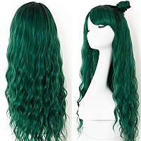 Evlynn Wigs With Bangs Ombre Dark Green Wig Long Loose Wavy Curly Hair Synthetic Fiber Glueless Dark Root No Lace Wig For Women