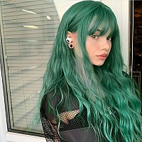 Evlynn Wigs With Bangs Ombre Dark Green Wig Long Loose Wavy Curly Hair Synthetic Fiber Glueless Dark Root No Lace Wig For Women