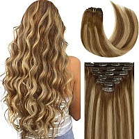 Lacer Hair Extensions Clip In Human Hair Ombre Chocolate Brown To Caramel Blonde With Brown Roots 120G 7Pcs Remy Human Hair Exte