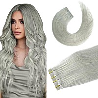 Tape In Hair Extensions Silver Gray 100 Remy Human Hair Extensions Silky Straight For Fashion Women 20 Pcspackage20Inch Sliv