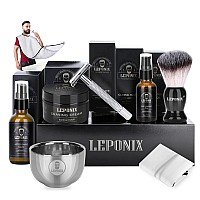 Shaving Kit For Men, Include Safety Razor, Sandalwood Shaving Cream, Mens Aftershave, Pre Shave Oil, Shaving Brush And Bowl, Shaving Apron Bib -Unique Gifts For Men Him Stocking Stuffers