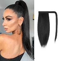 FESHFEN Straight Ponytail Extension 14 inch Pony Tails Natural Long Ponytails Wrap Around Clip in Hair Piece Synthetic Hairpieces for Women Girls, Natural Black