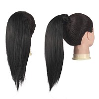 FESHFEN Straight Ponytail Extension 14 inch Pony Tails Natural Long Ponytails Wrap Around Clip in Hair Piece Synthetic Hairpieces for Women Girls, Natural Black