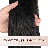 FESHFEN Straight Ponytail Extension 14 inch Pony Tails Natural Long Ponytails Wrap Around Clip in Hair Piece Synthetic Hairpieces for Women Girls, Natural Black