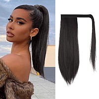 FESHFEN Straight Ponytail Extension 16 inch Pony Tails Natural Long Ponytails Wrap Around Clip in Hair Piece Synthetic Hairpieces for Women Girls