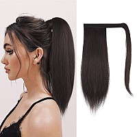 FESHFEN Straight Ponytail Extension 14 inch Pony Tails Natural Long Ponytails Wrap Around Clip in Hair Piece Synthetic Hairpieces for Women Girls