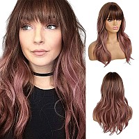 Emmor Long Wavy Wigs With Bangs Purple Pink Wigs For Women 20 Inch Natural Curly Hair Wig With Air Bang Synthetic Ombre Wigs P