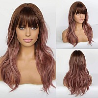 Emmor Long Wavy Wigs With Bangs Purple Pink Wigs For Women 20 Inch Natural Curly Hair Wig With Air Bang Synthetic Ombre Wigs P