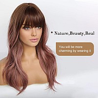 Emmor Long Wavy Wigs With Bangs Purple Pink Wigs For Women 20 Inch Natural Curly Hair Wig With Air Bang Synthetic Ombre Wigs P