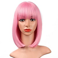 AISI BEAUTY Pink Bob Wigs with Bangs 12 Inch Short Straight Bob Wigs Colorful Synthetic Cosplay Daily Party Wig for Women