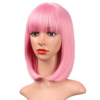 AISI BEAUTY Pink Bob Wigs with Bangs 12 Inch Short Straight Bob Wigs Colorful Synthetic Cosplay Daily Party Wig for Women