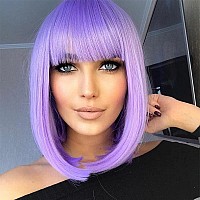 AISI BEAUTY Purple Wig with Bangs Short Straight Bob Wigs for Women 12 Inch Synthetic Colorful Cosplay Party Wig