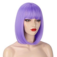 AISI BEAUTY Purple Wig with Bangs Short Straight Bob Wigs for Women 12 Inch Synthetic Colorful Cosplay Party Wig