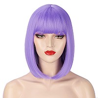 AISI BEAUTY Purple Wig with Bangs Short Straight Bob Wigs for Women 12 Inch Synthetic Colorful Cosplay Party Wig