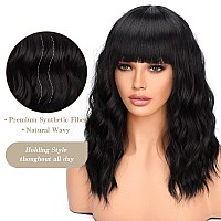 Nnzes Black Wavy Wigs With Bangs Womens Short Black Bob Wig Synthetic Natural Looking Heat Resistant Fiber Hair