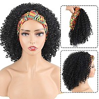 Aisaide Short Afro Curly Headband Wigs For Black Womendeep Curly Black Wigs With Headband Attached Scarf Wigs Full Wigs With Wi