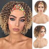 Aisaide Headband Wigs For Black Women Synthetic Short Kinky Curly Afro Golden Wig With Headband Attached Scarf Wigs Deep Curly N