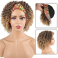 Aisaide Headband Wigs For Black Women Synthetic Short Kinky Curly Afro Golden Wig With Headband Attached Scarf Wigs Deep Curly N