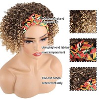 Aisaide Headband Wigs For Black Women Synthetic Short Kinky Curly Afro Golden Wig With Headband Attached Scarf Wigs Deep Curly N