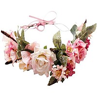 Handmade Adjustable Flower Crown Floral Headband Hair Wreath Halo Headpiece Photo Props,A16-Peach