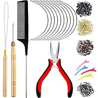 Hair Extension Tools Kit, 600 Silicone Lined Micro Rings, Micro Ring Beads Pliers, 2 Hook Needle Pulling Loop, 10 Curved Hair Needle, 4 Alligator Hair Clips, Comb and 100 Black Mini Rubber Bands