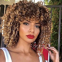 Yeame Curly Wigs For Black Women Kinky Afro Curly Wig With Bangs 2 Tone Blonde Mixed Brown Color Synthetic Heat Resistant Full