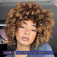 Yeame Curly Wigs For Black Women Kinky Afro Curly Wig With Bangs 2 Tone Blonde Mixed Brown Color Synthetic Heat Resistant Full