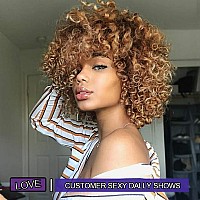 Yeame Curly Wigs For Black Women Kinky Afro Curly Wig With Bangs 2 Tone Blonde Mixed Brown Color Synthetic Heat Resistant Full