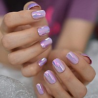 Fantasy Nails Series Pink Purle Short Chrome Holographic Press On Nails Square Natural Shape Charming Manicure Tips 24