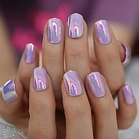 Fantasy Nails Series Pink Purle Short Chrome Holographic Press On Nails Square Natural Shape Charming Manicure Tips 24