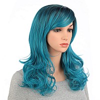 Onedor Full Head Beautiful Long Curly Wave Stunning Wig Charming Curly Costume Wigs With Fringe Teal Blue Ombre1Bts4728