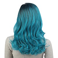 Onedor Full Head Beautiful Long Curly Wave Stunning Wig Charming Curly Costume Wigs With Fringe Teal Blue Ombre1Bts4728