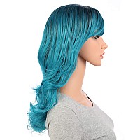 Onedor Full Head Beautiful Long Curly Wave Stunning Wig Charming Curly Costume Wigs With Fringe Teal Blue Ombre1Bts4728