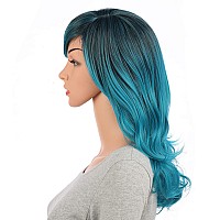 Onedor Full Head Beautiful Long Curly Wave Stunning Wig Charming Curly Costume Wigs With Fringe Teal Blue Ombre1Bts4728