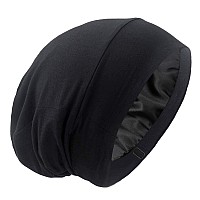 Silky Satin Lined Bonnet Sleep Cap - Adjustable Stay on All Night Hair Wrap Cover Slouchy Beanie for Curly Protection Women and Men Solid Black