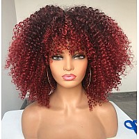 RunM Short Curly Afro Wig With Bangs for Black Women Kinky Curly Hair Wig Afro Synthetic Full Wigs(Ombre Red)