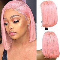 Silky Straight Pink Bob Wigs Brazilian Human Hair Hd Transparent 13X4 Lace Front Wigs Virgin Hair 180 Density Pre Plucked With