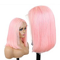 Smartinnov Pink Bob Wigs Human Hair Middle Part 13X4 Lace Front Wigs Straight Virgin Hair 12 Inch Pre Plucked Hd Transparent Bob