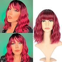 Vckovcko Ombre Color Natural Wavy Bob Wig With Air Bangs Short Bob Wigs Womens Shoulder Length Wigs Black To Pink Purple Curly