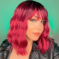 Vckovcko Ombre Color Natural Wavy Bob Wig With Air Bangs Short Bob Wigs Womens Shoulder Length Wigs Black To Pink Purple Curly