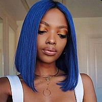 Brazilian Blue Human Hair Bob Wigs 13X4 Lace Front For Women 10 Pre Plucked Silky Straight Middle Part With Baby Hair 180 Dens